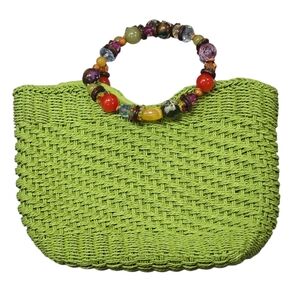 Capelli Staworld Bright Green Woven Straw Handbag - Beaded Handle Boho 9x12 Bag